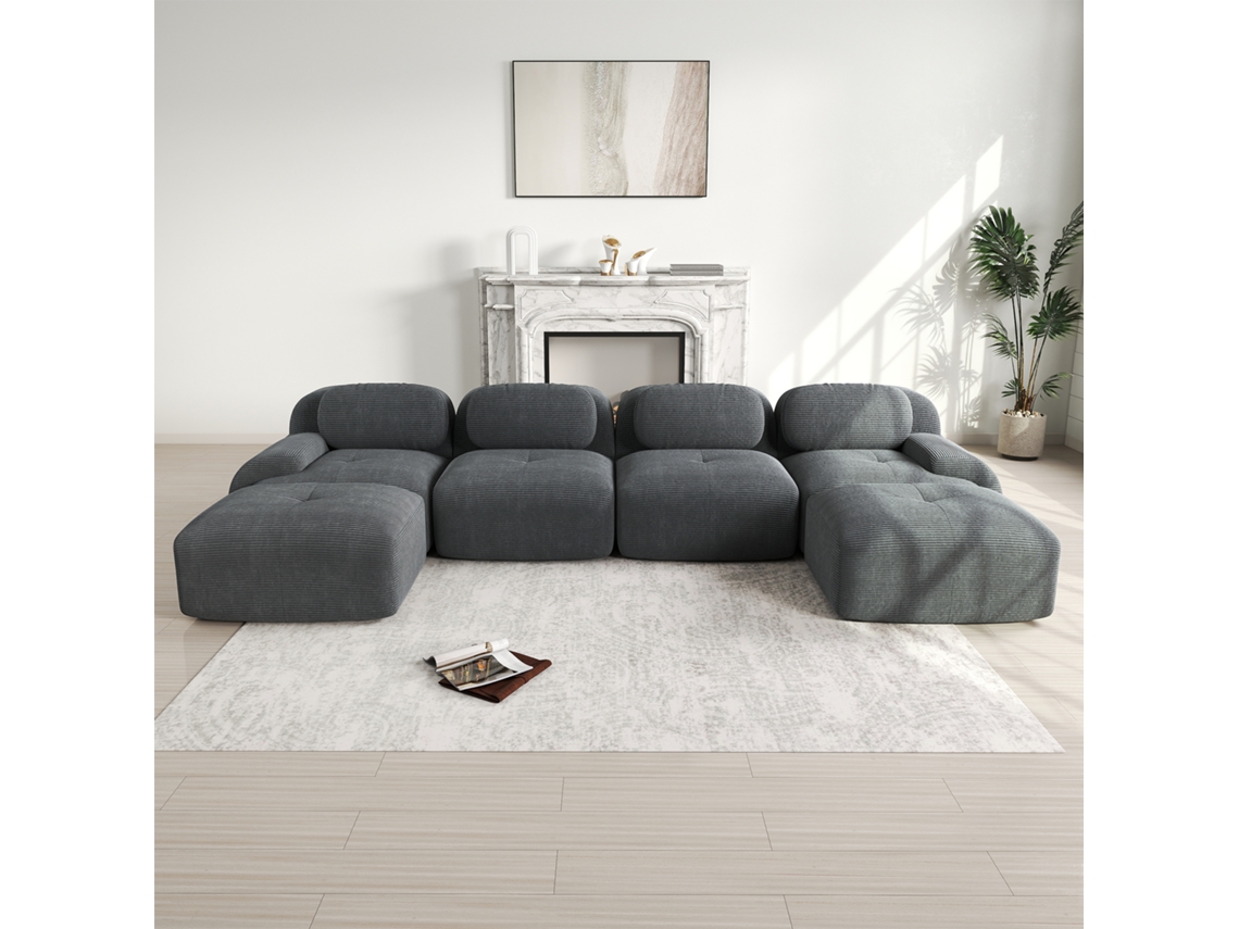 Sofá modular en forma de U, no requiere montaje, pana transpirable, espuma 32D, brazos anchos, ergonómico y pet-friendly, color gris Mobrio.