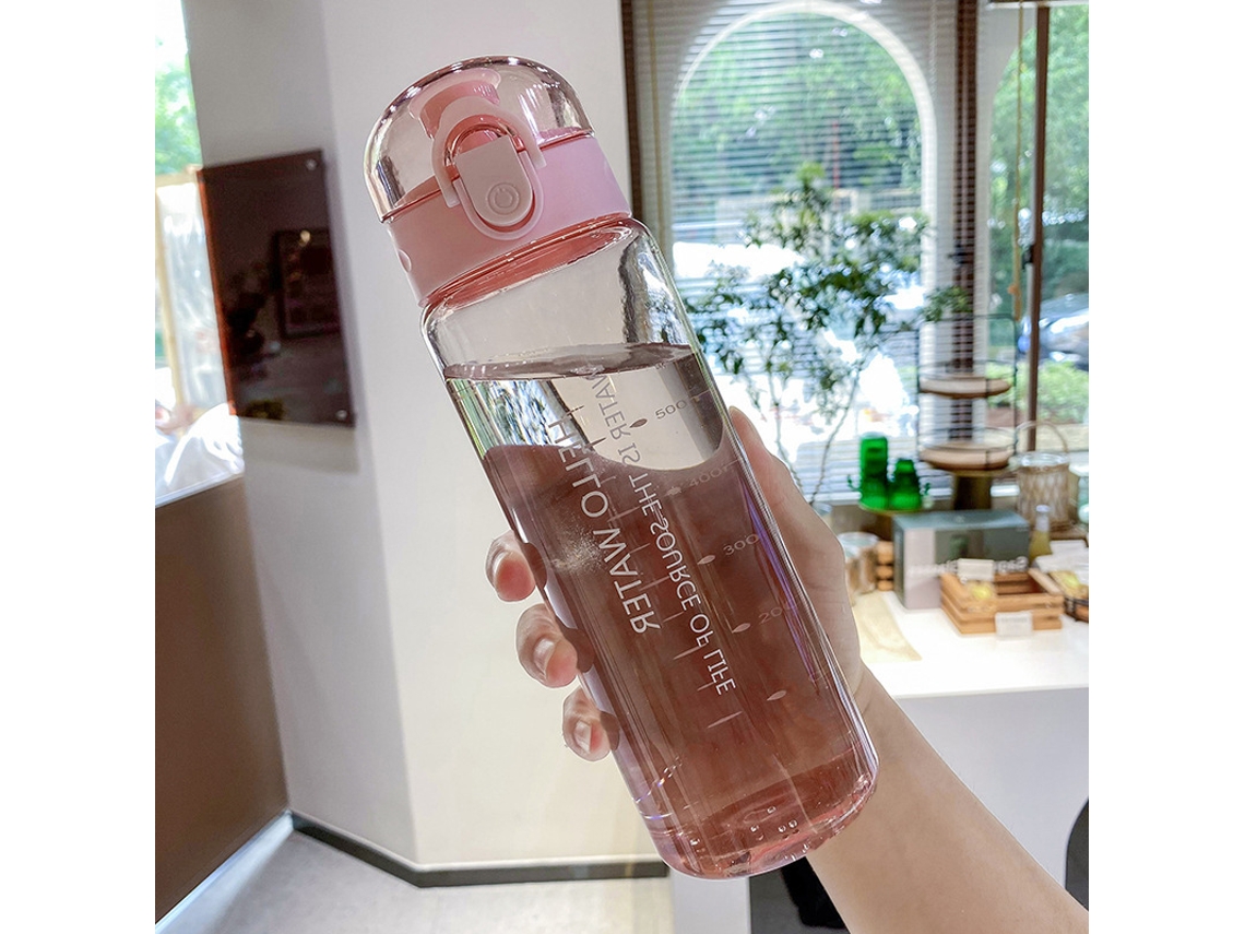 Botella de agua de plástico portátil (rosa) para estudiantes, resistente a caídas, ideal para usar en verano con té embotellado.