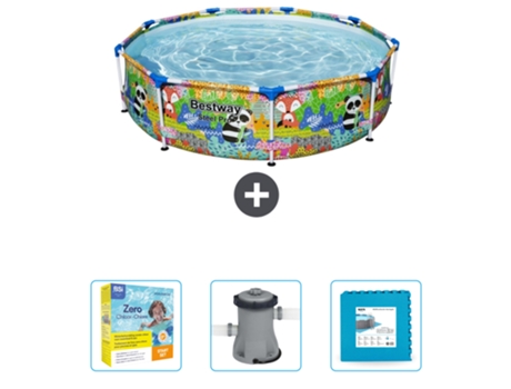 Piscina BESTWAY Round Steel Pro - 274 x 66 cm - Animal print - Incluida Paquete de mantenimiento - Bomba - Baldosas
