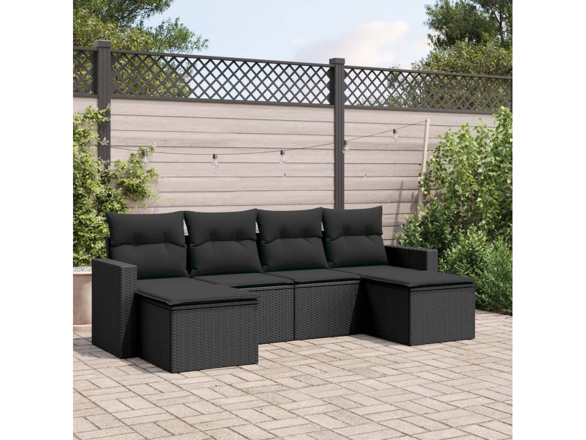 Conjunto de sofá de jardín de 6 piezas con cojines, mimbre sintético negro, DKD Home Decor