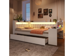 Sofá Cama Blanco De 140x200 Cm Con Led, Usb Y 2 Cajones Multifuncional.