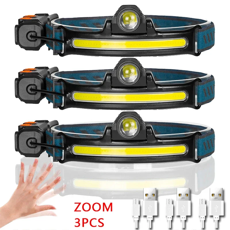 Linterna frontal LED con sensor Xpgcob, recargable por USB, zoom ajustable, ideal para camping, pesca y búsquedas nocturnas. Aeuzwr