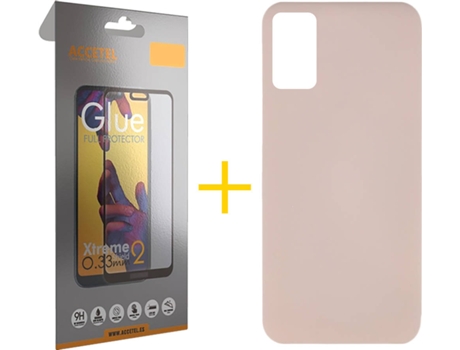 Funda y Protector de Vidrio Full Samsung Galaxy A41 ACCETEL Silicona Líquida Rosa Crema