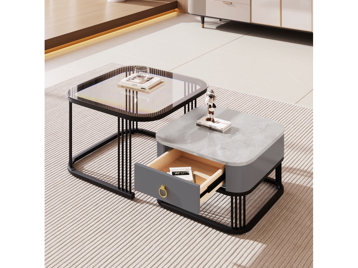 Mesa De Centro Apilable - 2 Piezas - Alta Gloss Con Diseño De Mármol Y Vidrio, Patas Negras, Con Cajones