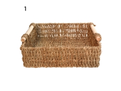 Cesta De Paja Tejida Con Asas De Madera Para Guardar Juguetes, Aperitivos Y Cosméticos Sobre La Mesa.