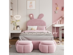 Cama Infantil De 90x200 Cm Con Orejas De Conejo Led Y Taburetes De Terciopelo Rosa.