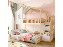 Litera De 90x200 Y 140x200 Con Escalera Y Espacio De Almacenamiento, Estilo Cabaña, Color Blanco, De Madera.