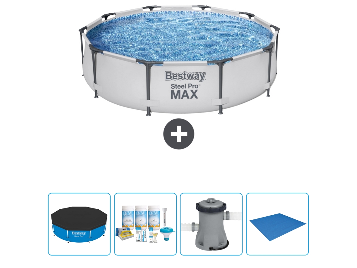 Piscina BESTWAY Round Steel Pro MAX - 305 x 76 cm - Gris - Incluida Cubrir - Paquete de mantenimiento - Bomba - Suelo