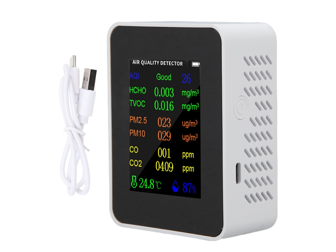 Detector De Calidad Del Aire Con Co2 Co Pm2.5 Tvoc Hcho Temperaturas Y Humedad Modo Alarma Blanco