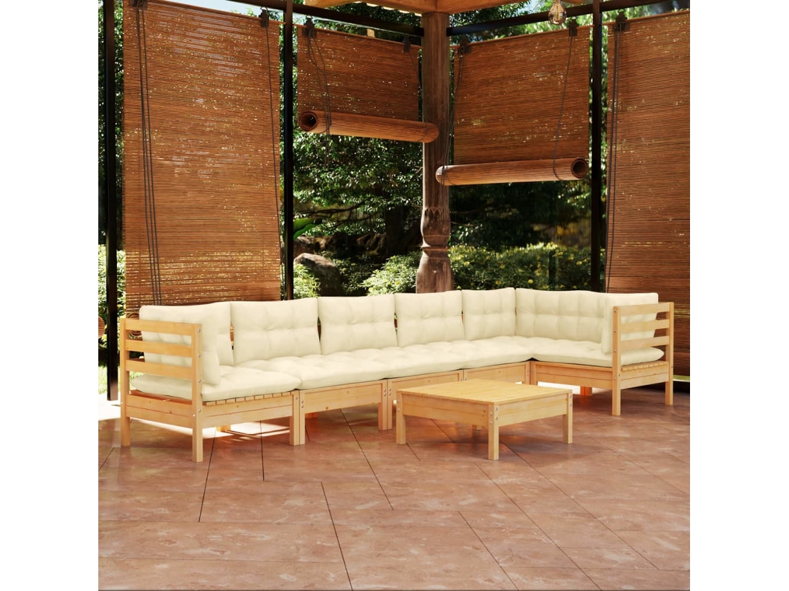 Conjunto de jardín de 7 piezas con cojines de pino crema DKD Home Decor