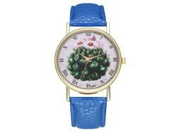 Reloj De Cuarzo Unisex Con Correa De Cuero Pu, Dial De Cactus, Azul Real