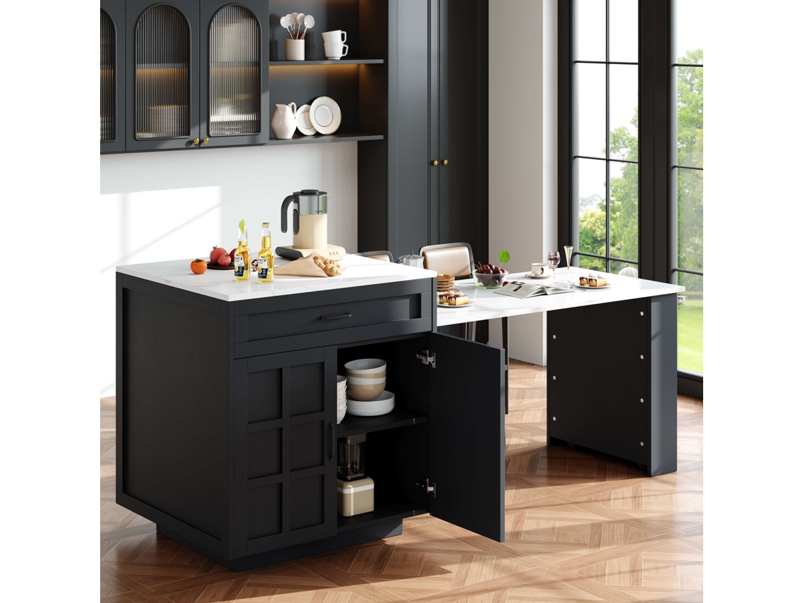 Mesa de bar extensible de 133 cm (202 x 70 x 93,5 cm) con 2 cajones y 4 compartimentos, isla de cocina extensible negra Mobrio