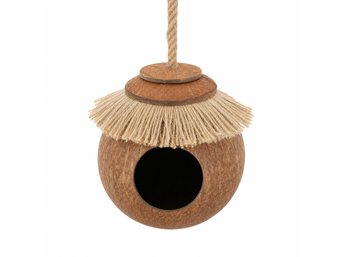 Nido Polski De Cáscara De Coco Natural Ø12 Cm Con Cuerda De Yute, Con Escalera, Para Jaula De Pájaros Pequeños Y Medianos