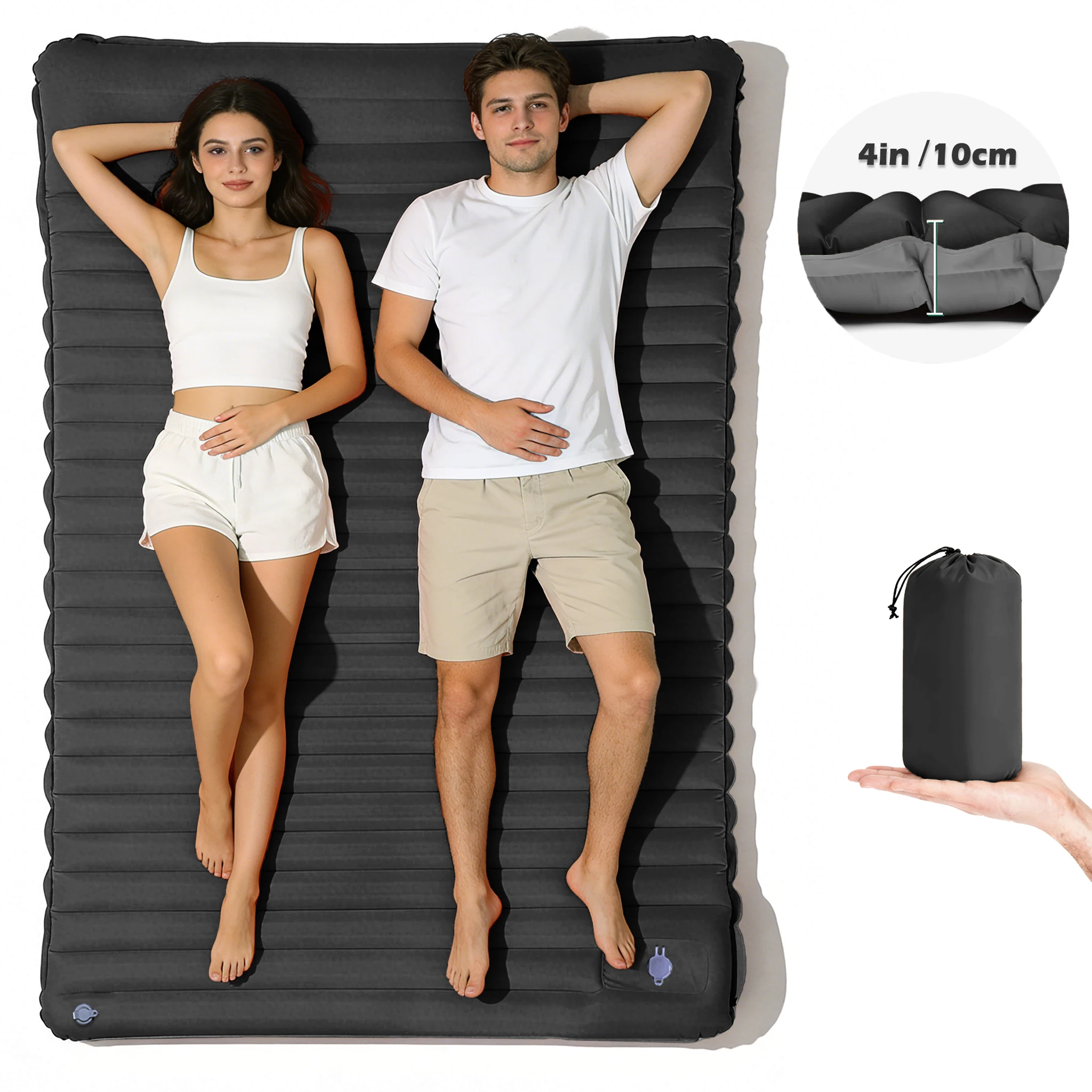 Colchoneta Inflable De Doble Capa (negra) De 10 Cm De Grosor, De Inflado Rápido, Portátil, Ideal Para Practicar Senderismo.