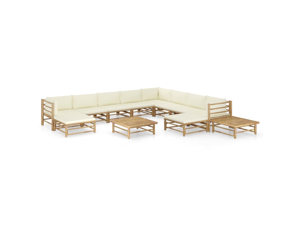Conjunto de jardín de bambú de 12 piezas con cojines en blanco crema, Dkd Home Decor