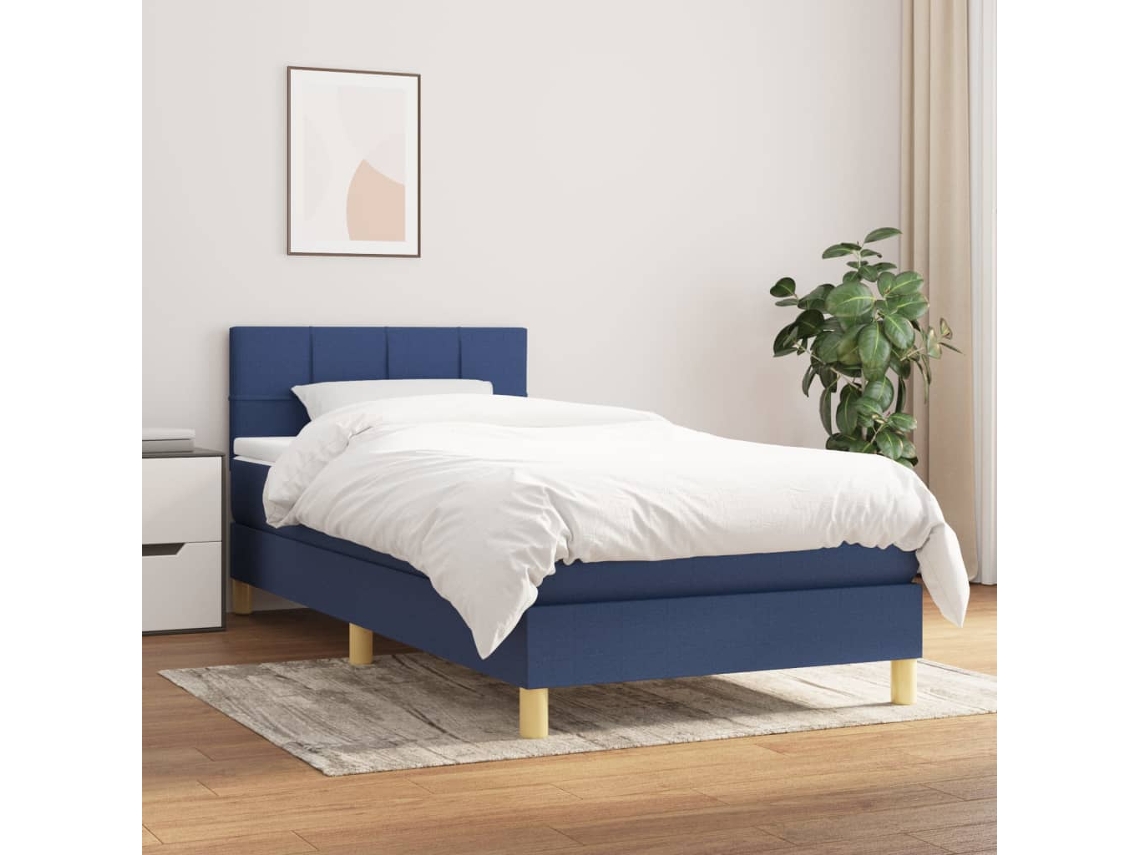 Cama Box Spring Con Colchón Tela Azul 100x200 Cm