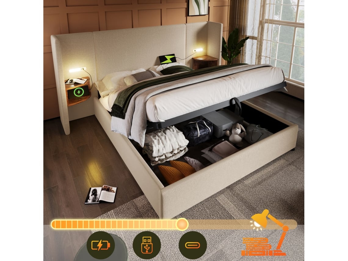 Cama Doble De 160x200 Cm Con Mesitas De Noche, Iluminación Led Usb Y Estructura De Madera Y Metal Color Beige.