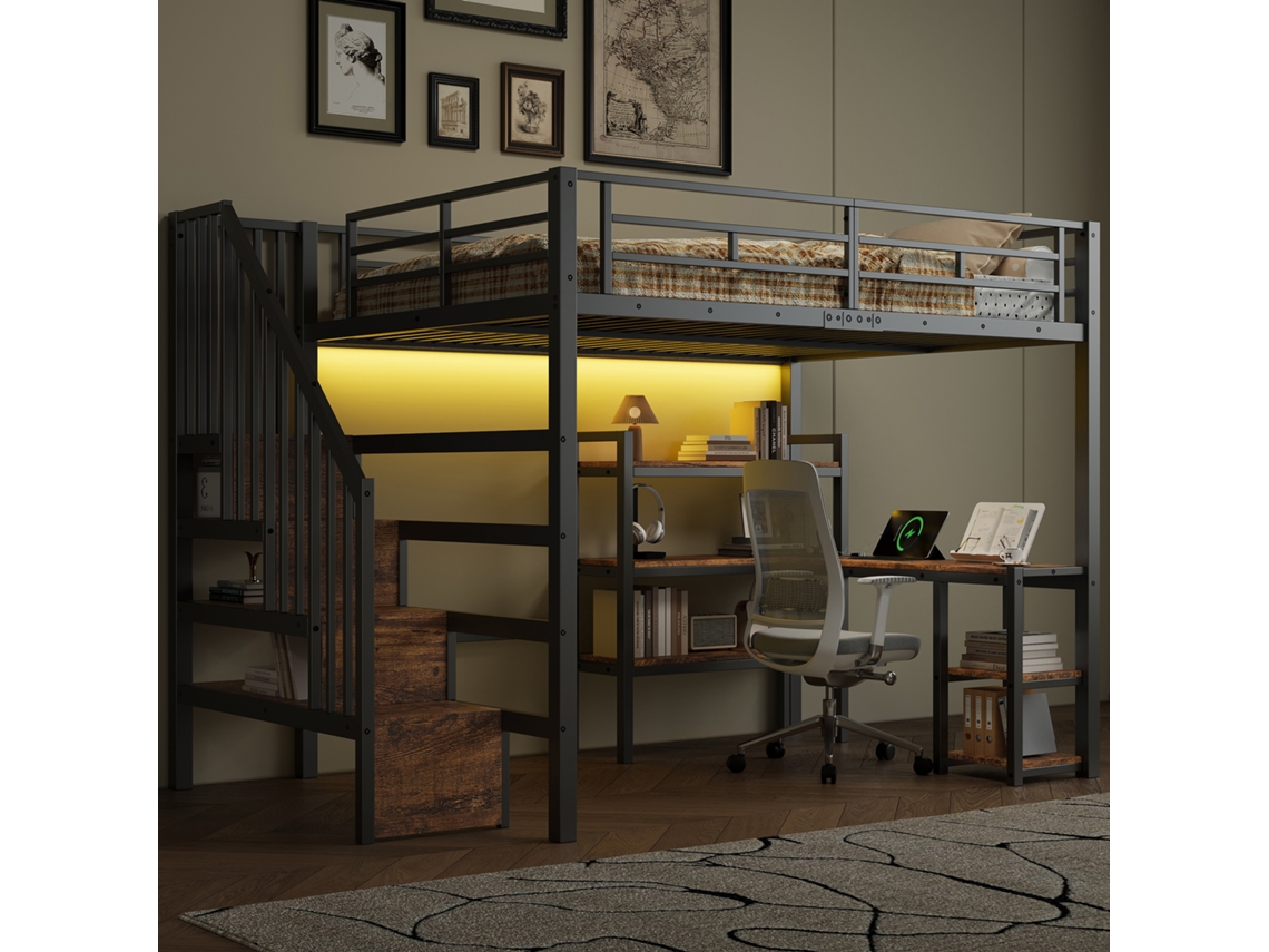 Cama Alta Metálica De 140x200 Cm Con Escaleras, Escritorio, Espacio De Almacenamiento, Led, Usb, Color Negro.