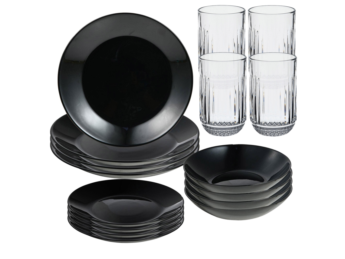 Vajilla San Ignacio Negra, 12 piezas, 4 vasos de vidrio transparente (380 ml)