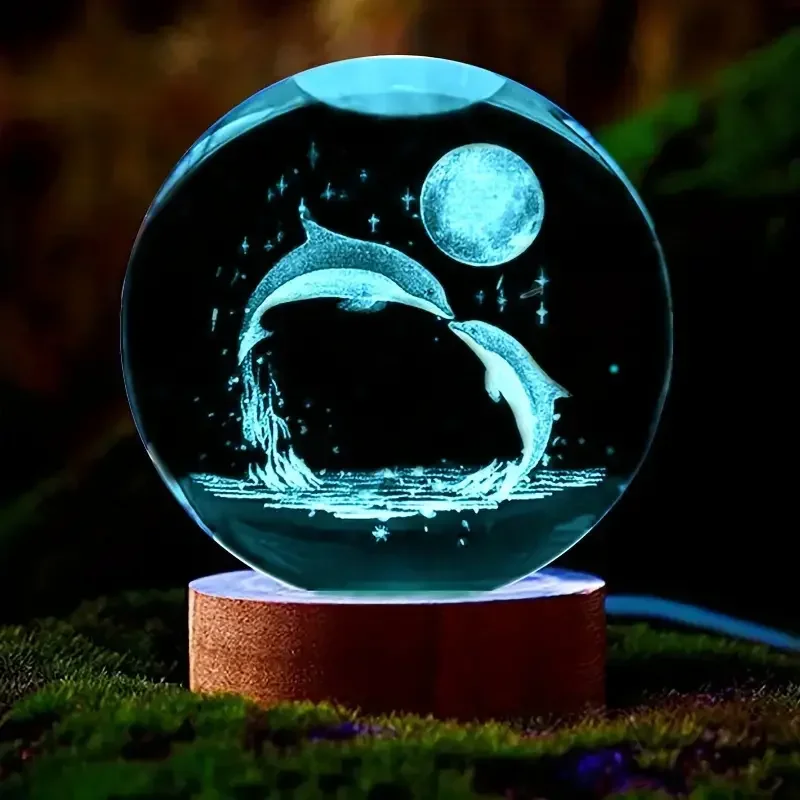 Bola De Cristal 3d Con Forma De Delfín Y Luna (luz Colorida) De 6 Cm