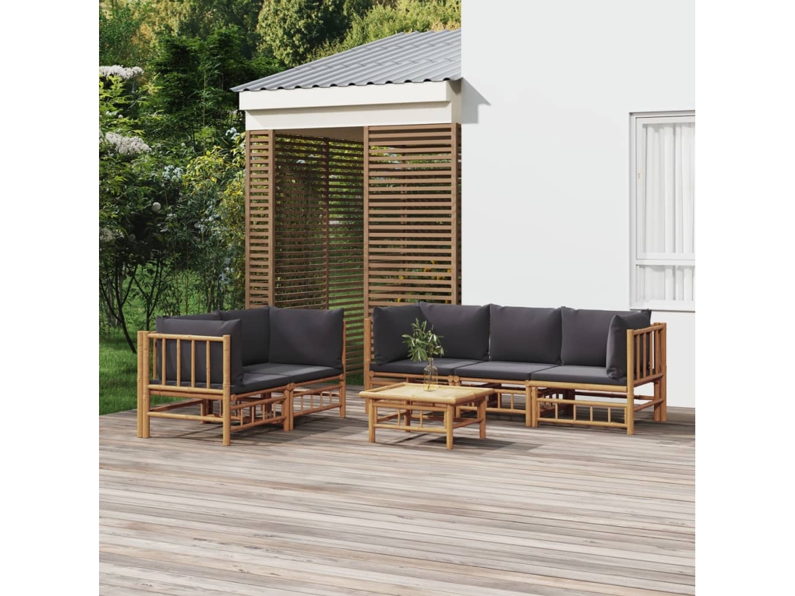Conjunto de jardín de bambú de 6 piezas con cojines gris oscuro de DKD Home Decor