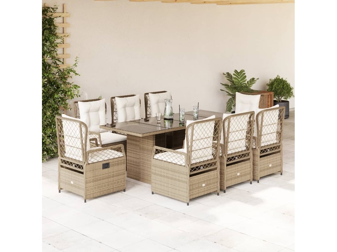 Juego de comedor de jardín de 9 piezas con cojines de mimbre beige de DKD Home Decor