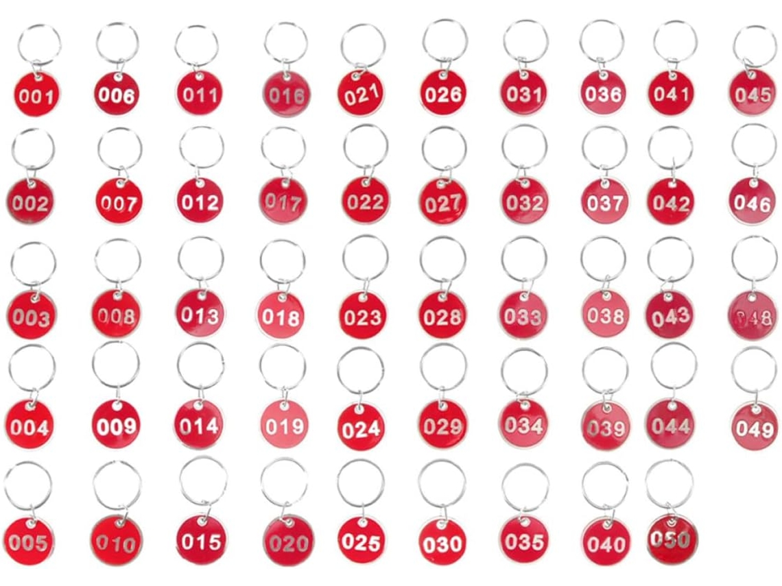 Llaveros Numerados, Rojos, Paquete De 50 Unidades, De Aluminio, Para Identificación Y Clasificación.