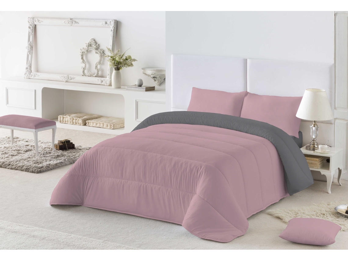 EDREDON BICOLOR LISO CAMA 90 MICROFIBRA POLIÉSTER FABRICADO EN ESPAÑA ROSA VIEJO/L.808-GRIS NATURALS