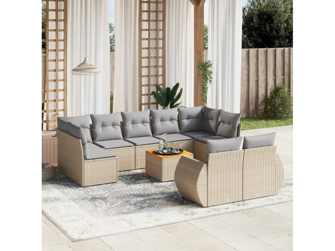 Conjunto de sofá de jardín de 10 piezas con cojines, mimbre sintético beige, Dkd Home Decor