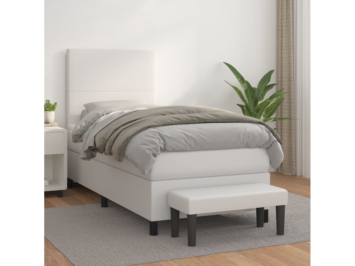 Cama Box Spring Con Colchón Cuero Sintético Blanco 80x200 Cm
