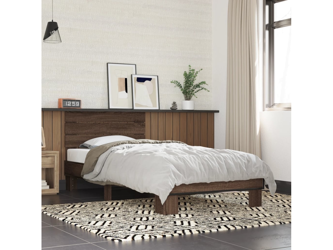 Estructura Cama Madera Ingeniería Metal Marrón Roble 100x200 Cm
