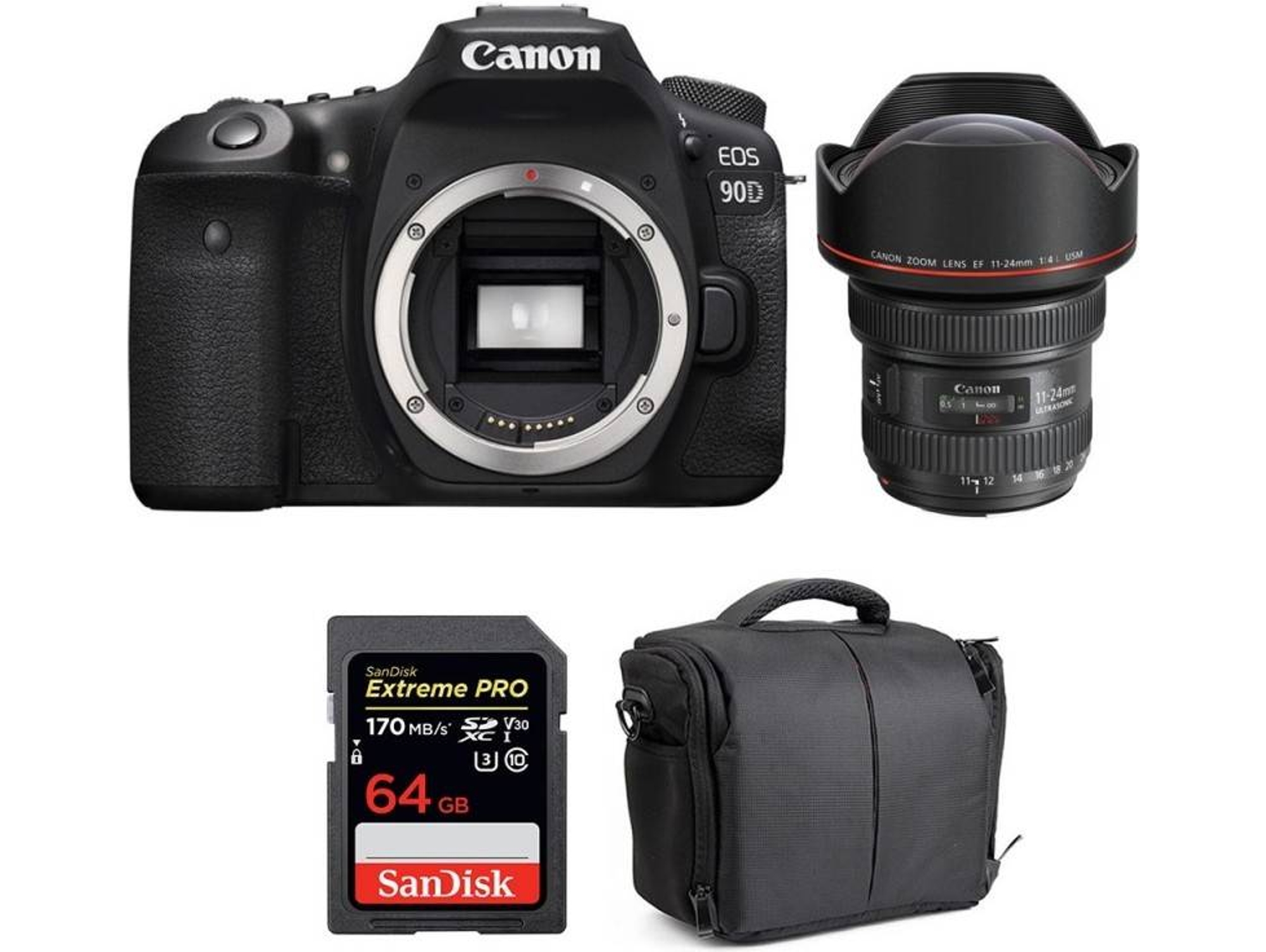Kit Cámara Réflex CANON EOS 90D + EF 11-24mm f/4L USM + SanDisk 64GB + Bolsa