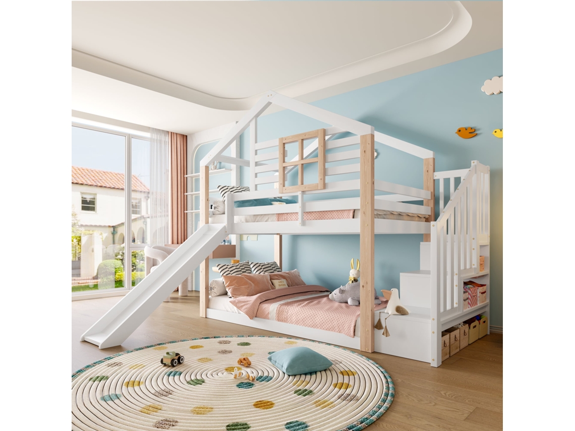 Litera De Madera De Estilo Nórdico Con Tobogán, Blanca.
