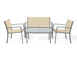 Sofá con dos sillas y mesa de cristal templado. Conjunto de jardín y terraza, beige. Saldosystocks