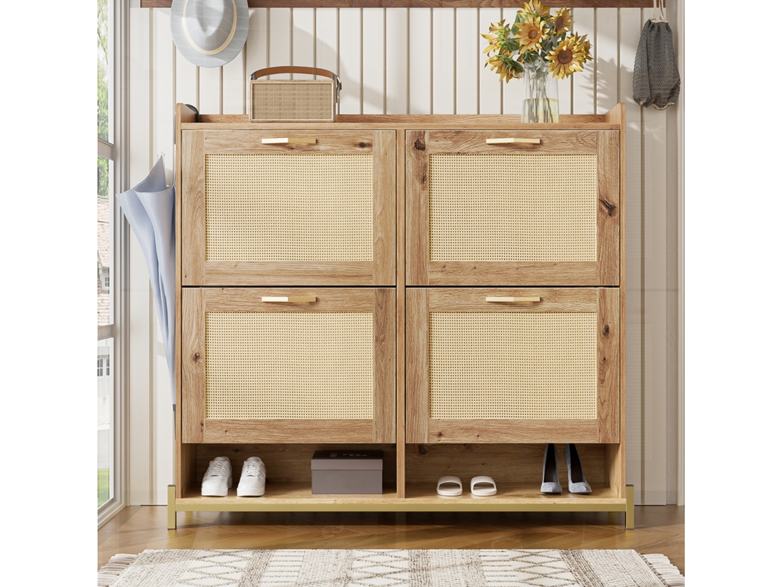 Zapatero moderno con puertas de mimbre, 4 puertas, estructura de metal, estilo natural