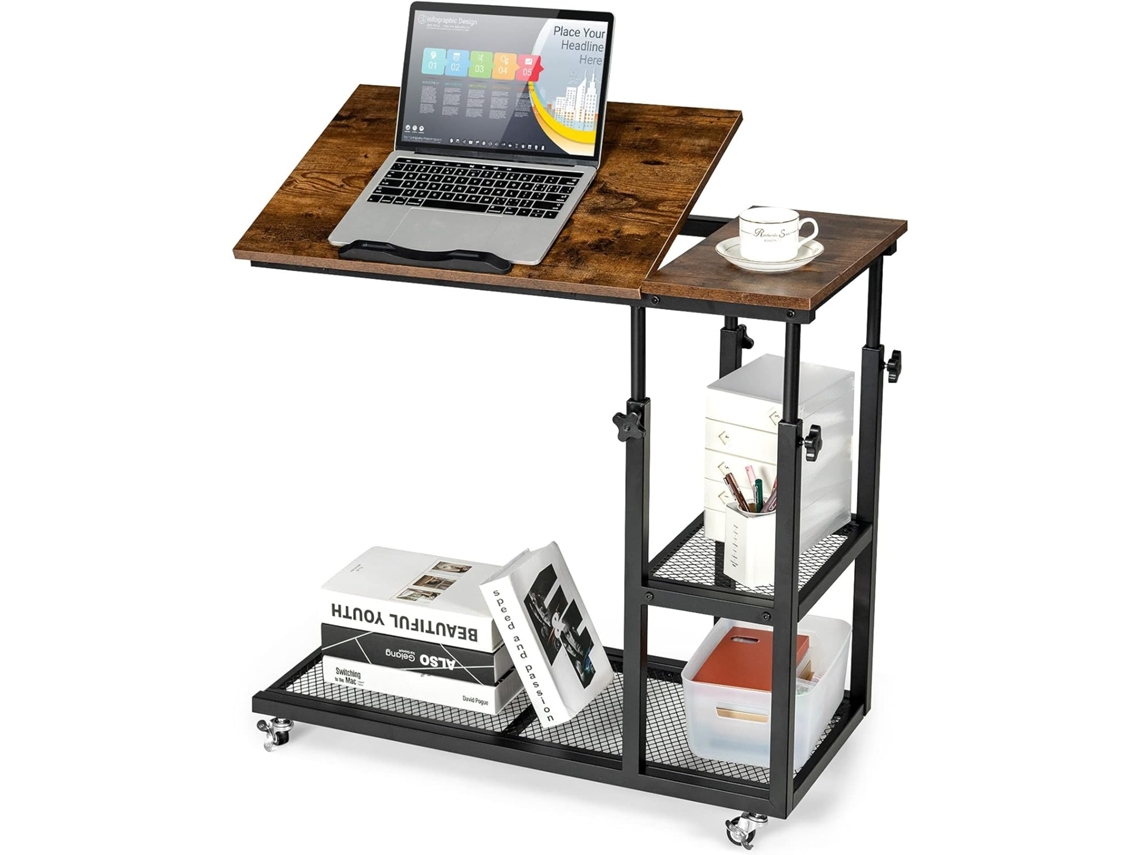 Mesita Lateral Móvil 80 x 40 x 64-95 cm con Forma de C con Repisas/Mesita Altura Regulable para Ordenador con Superficie Inclinable 0° a 32,5° COSTWAY