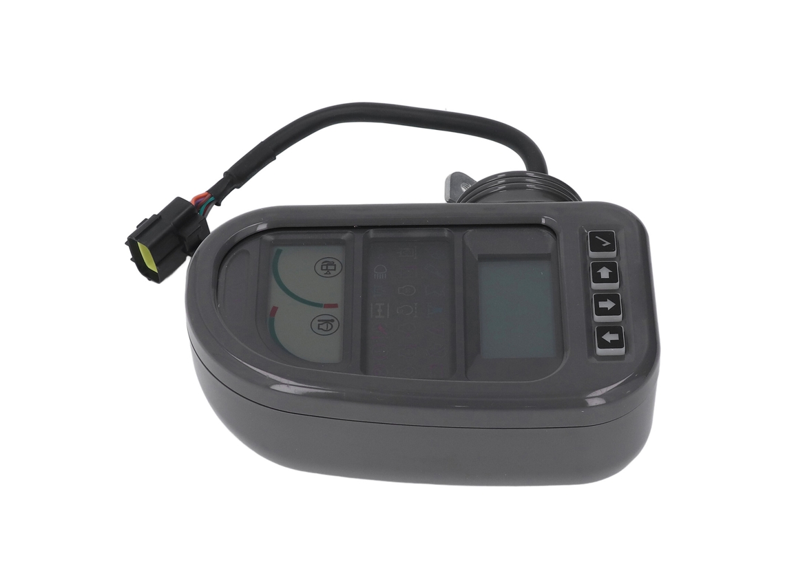 Panel de control para excavadora con pantalla LCD y botones flexibles.