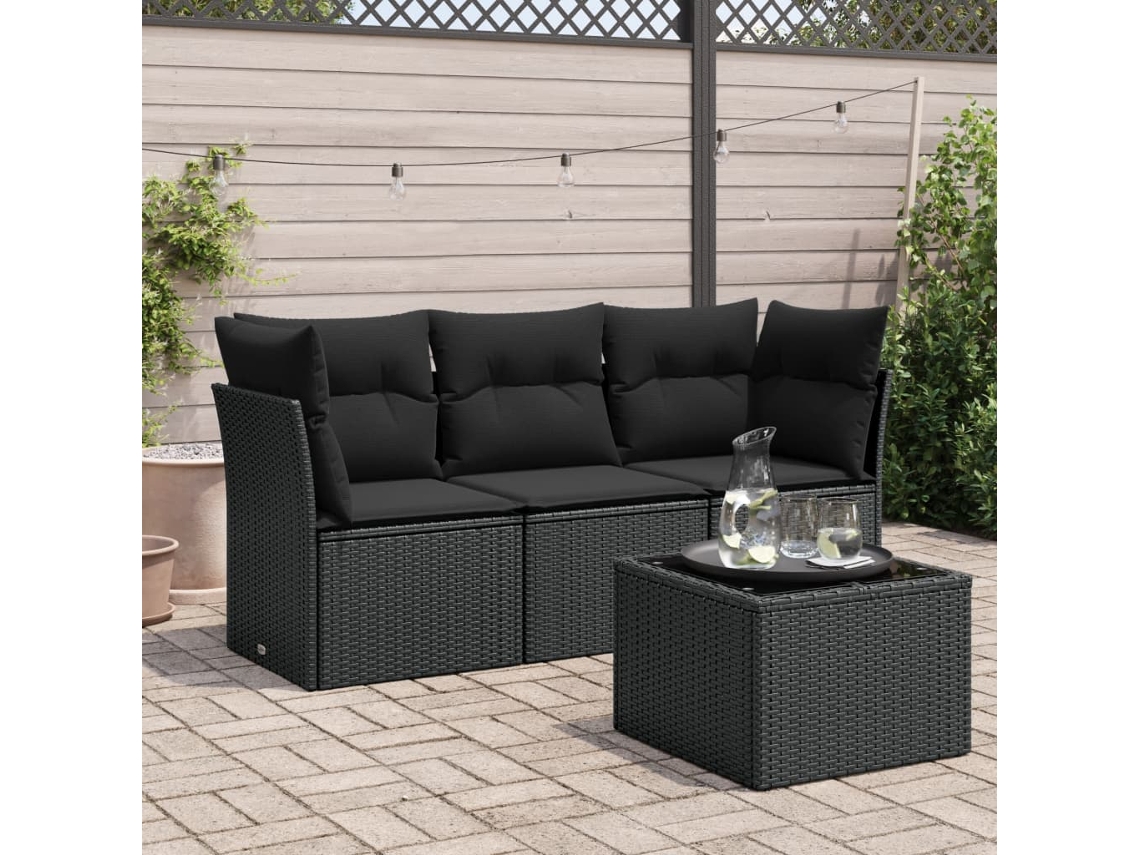 Conjunto de sofá de jardín de 4 piezas con cojines, mimbre sintético negro, Dkd Home Decor