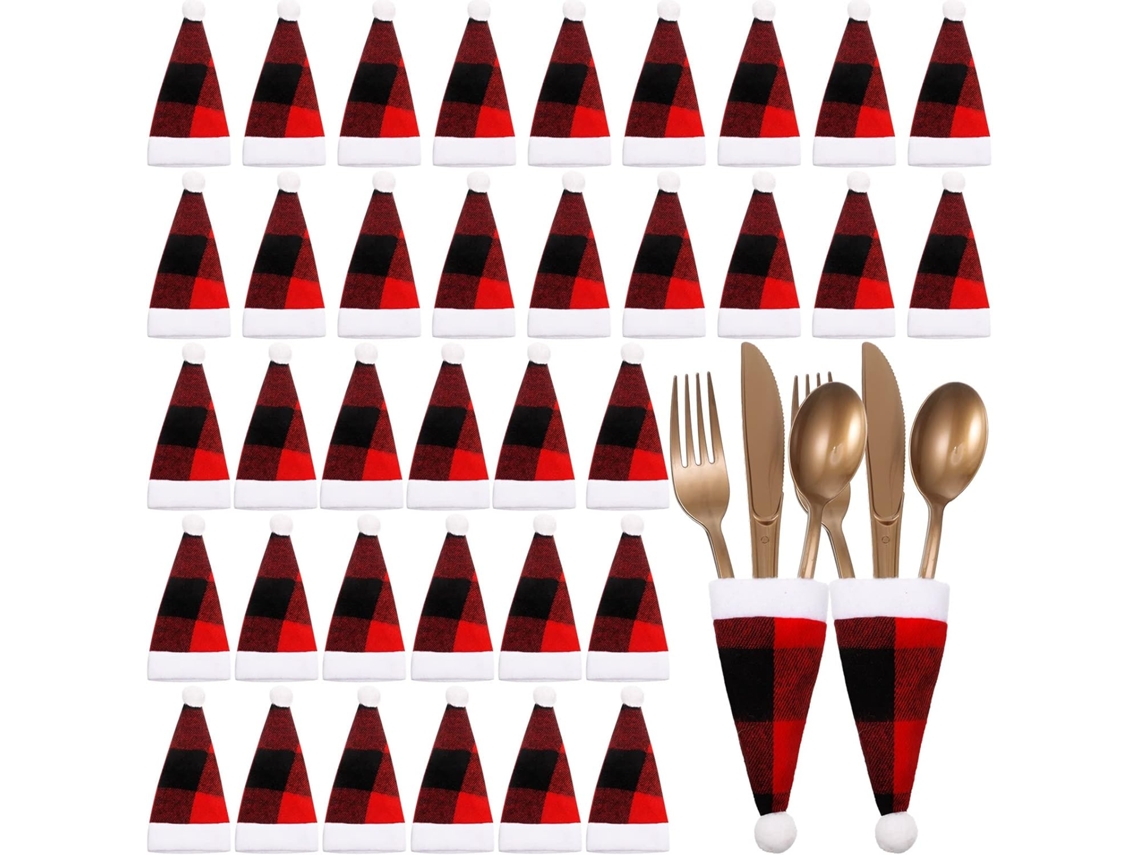 36 porta cubiertos con gorros de Papá Noel – Decoraciones navideñas a cuadros para la mesa en cenas festivas