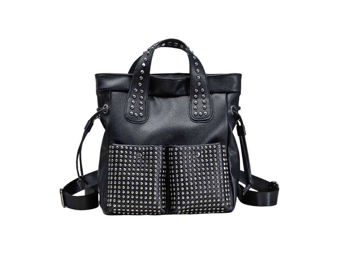 Mochila gótica de hombro con remaches, exclusiva, en piel sintética, ideal para viajes, escuela y para mujeres modernas.