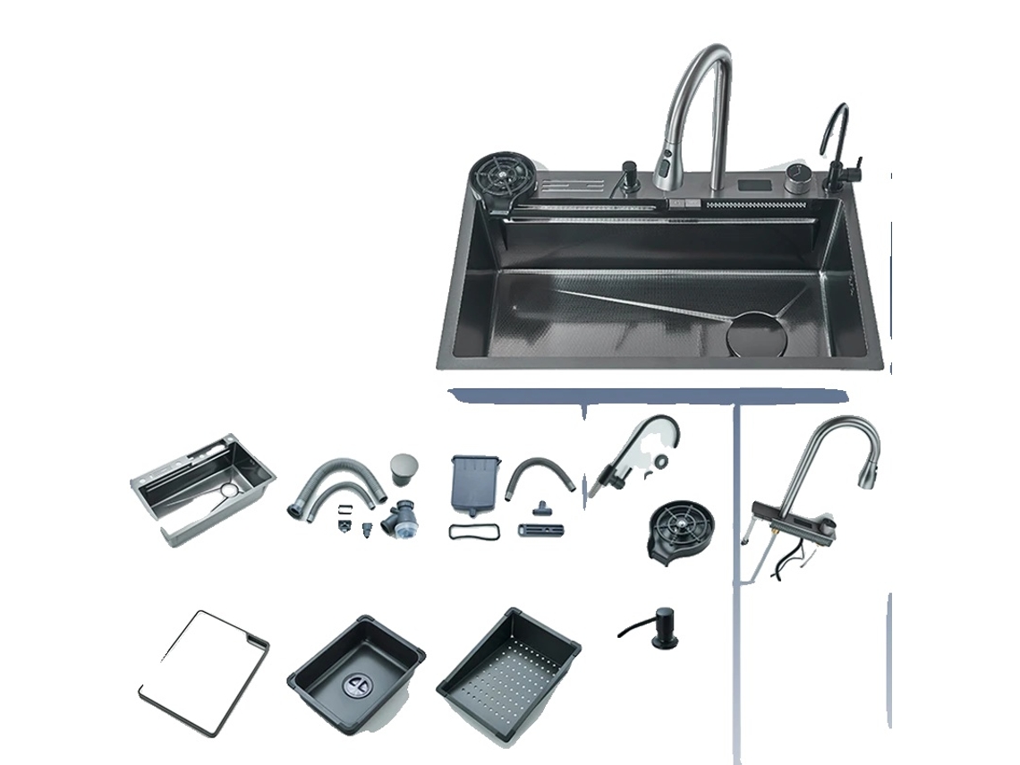 Fregadero de cocina de acero inoxidable, grifo multifunción, pantalla de temperatura, juego de fregadero D2 OEM
