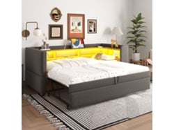 Sofá Cama Extensible De 90/180x190 Cm Con Iluminación Led, Tomas De Corriente Y Espacio De Almacenamiento, En Terciopelo Gris Oscuro.