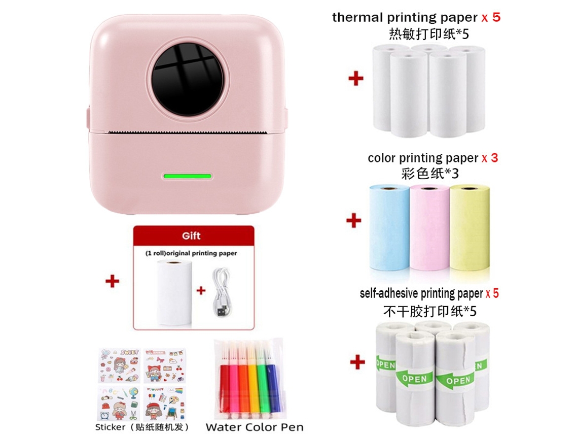 Impresora térmica portátil mini sin tinta con 14 rollos de papel, bolígrafo de acuarela y pegatinas, color rosa Digitallab