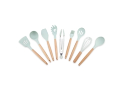 Juego De 9 Utensilios De Cocina De Silicona Azul Con Mangos De Madera Resistentes Al Calor.