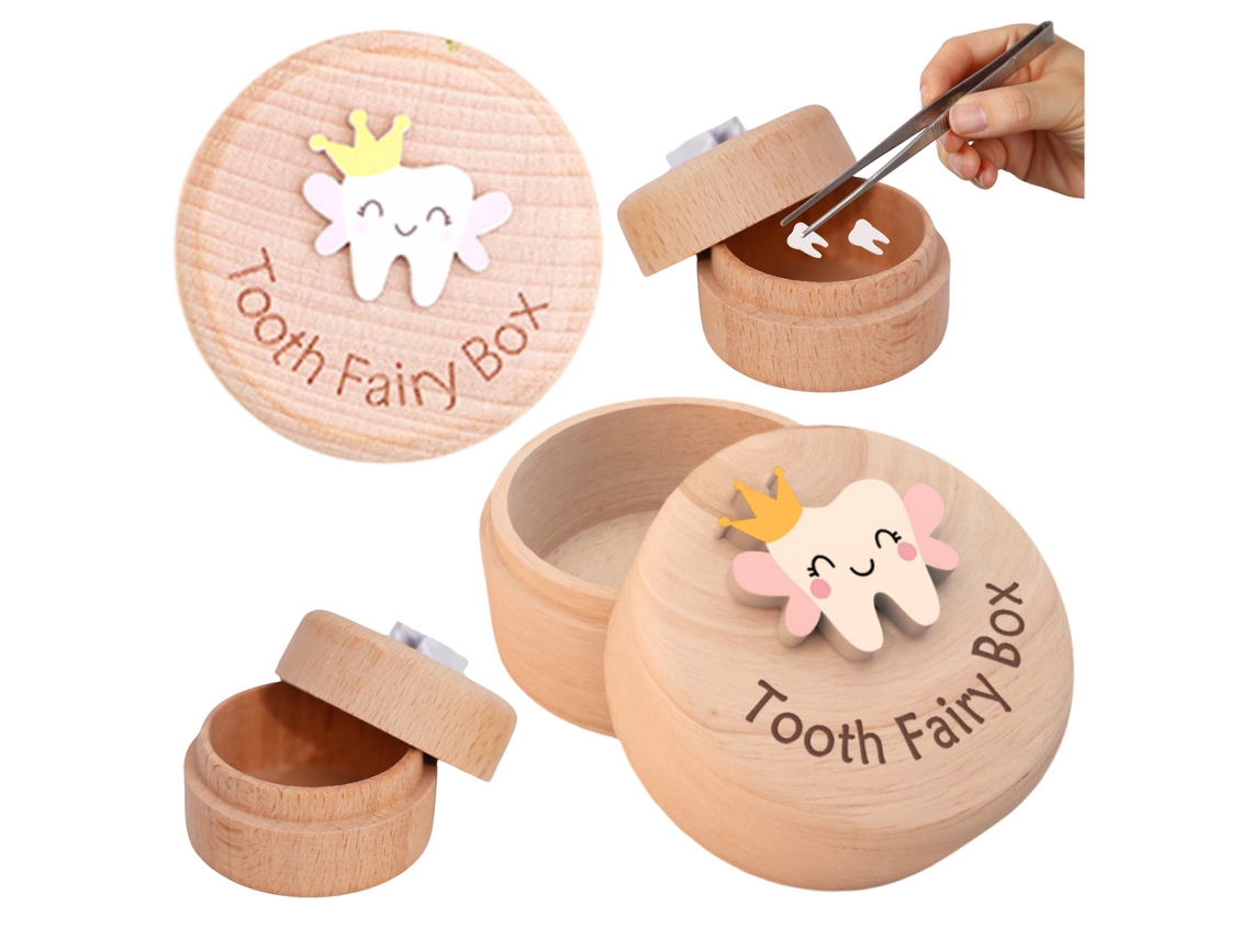 Caja de madera para guardar dientes de leche para niños con grabado de hada de los dientes B.active