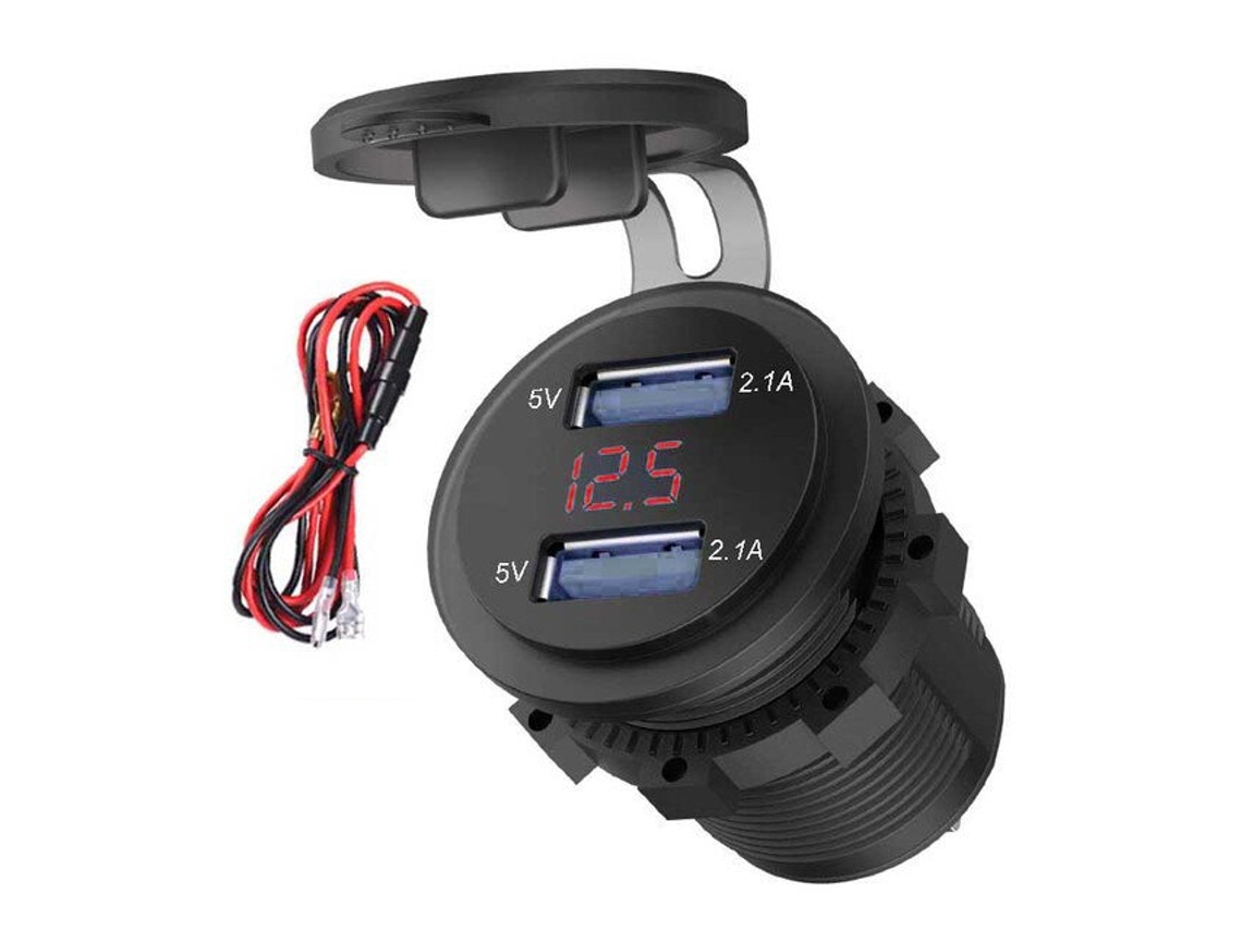 Cargador impermeable de 2 puertos USB dobles, rojo, 4,2 A, para coche, barco, marino. Toma de corriente con voltímetro LED para 12-24 V.