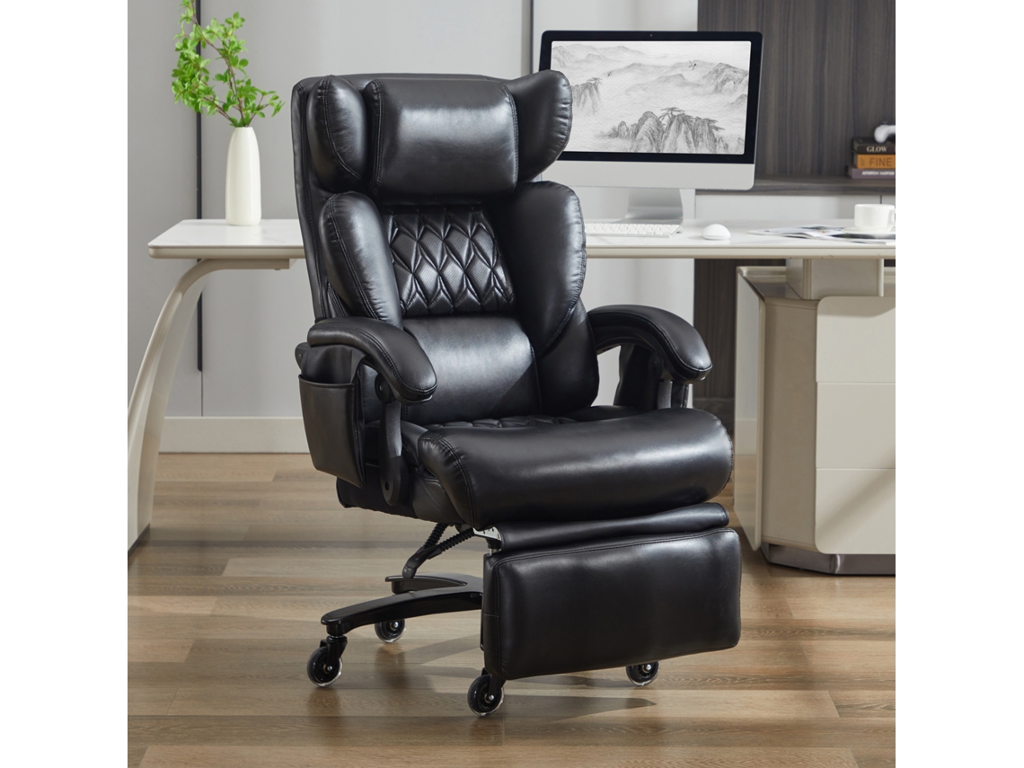 Silla de oficina ergonómica con función de masaje y calefacción, reposapiés, piel sintética, color negro.