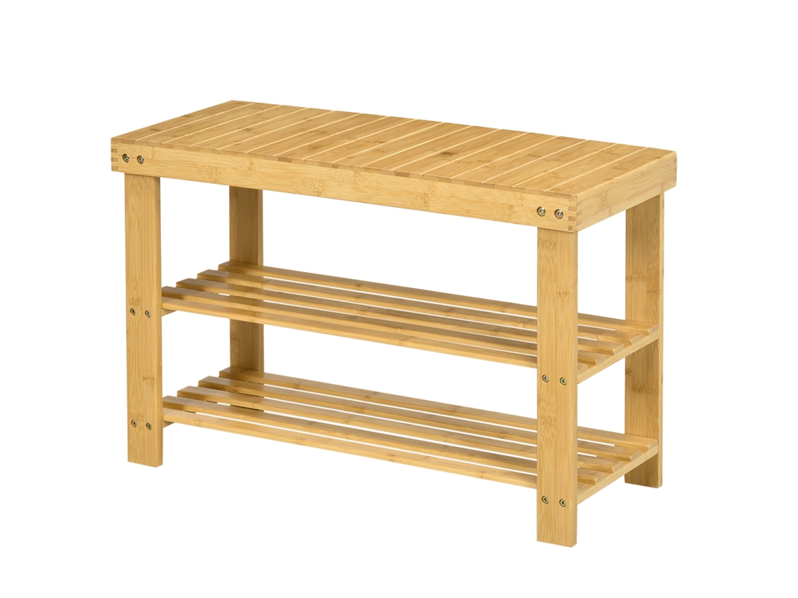 Banco Zapatero De Bambú Con Asiento Y 2 Estantes, 70x28x45 Cm, Acabado Natural.