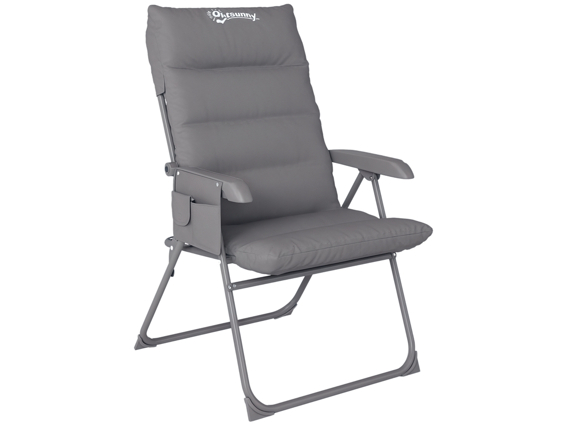 Silla plegable de camping, ajustable, 5 niveles, bolsillos laterales, 105 cm, gris claro.