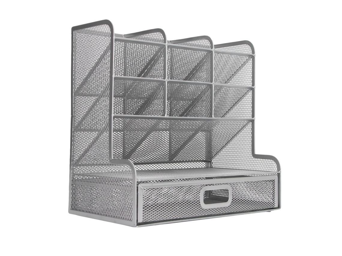 Organizador De Plumas De Malla 9 Compartimentos Con Cajón Extraíble Almacenamiento Vertical Multifuncional Para Escritorio Plata